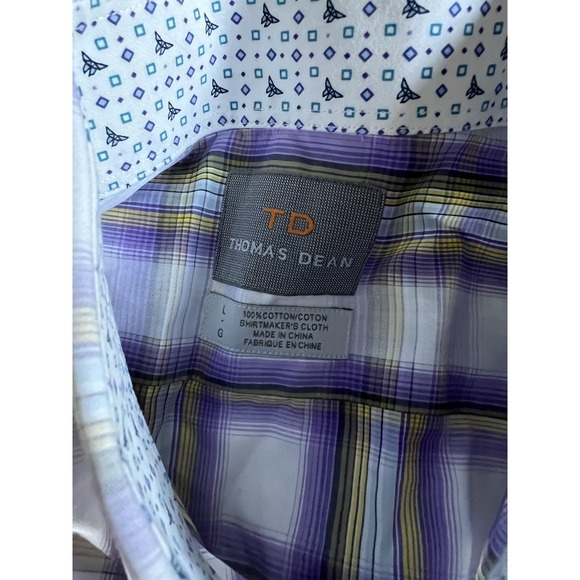 Thomas Dean Shirt Mens Large Purple Yellow Plaid Button Down Smart Casual Cotton - Picture 6 of 14
